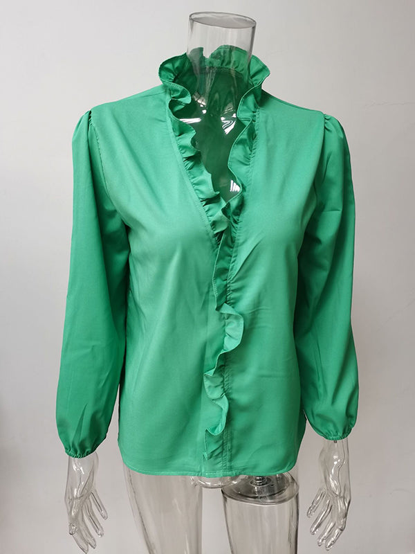Vika | Blus med Puffärmar, Falbala-detaljer och Enfärgad V-ringning