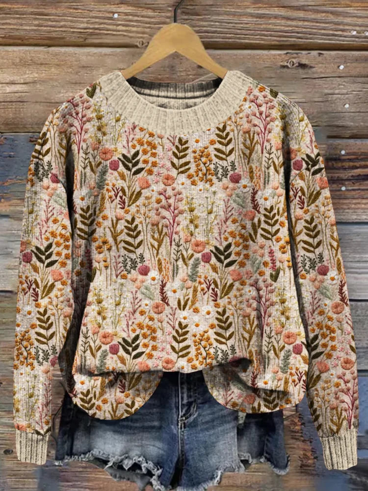 Stickad Tröja Dam i Högkvalitetsull med Blommiga Broderier