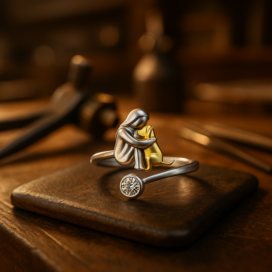 Silvrig ring med hund och zirkonia stenar.